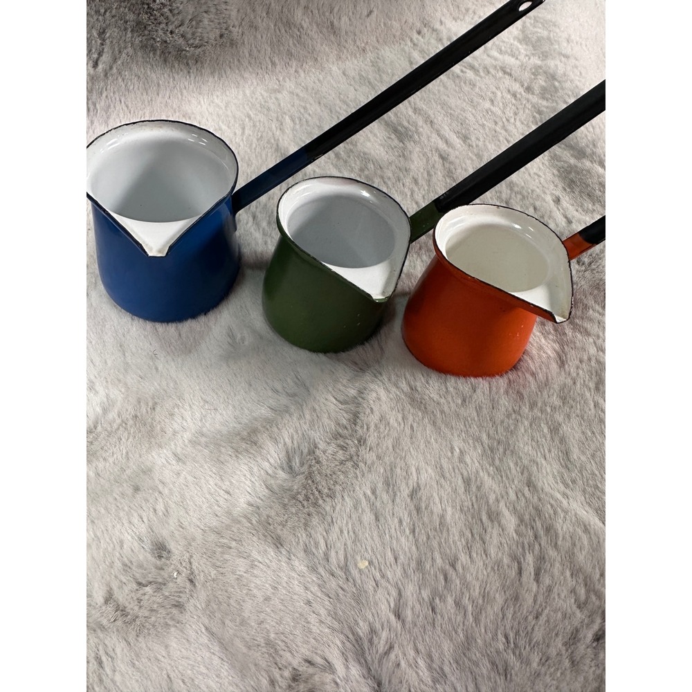 Vintage Melting Pots Enamelware Set 3pc MCM Hong Kong Retro Butter Warmer Milk